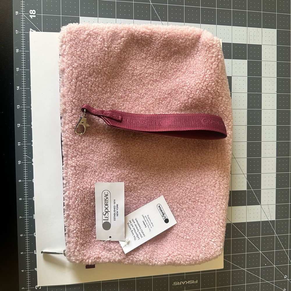 LeSportsac Blush Fleece Pouch with Burgundy Strap